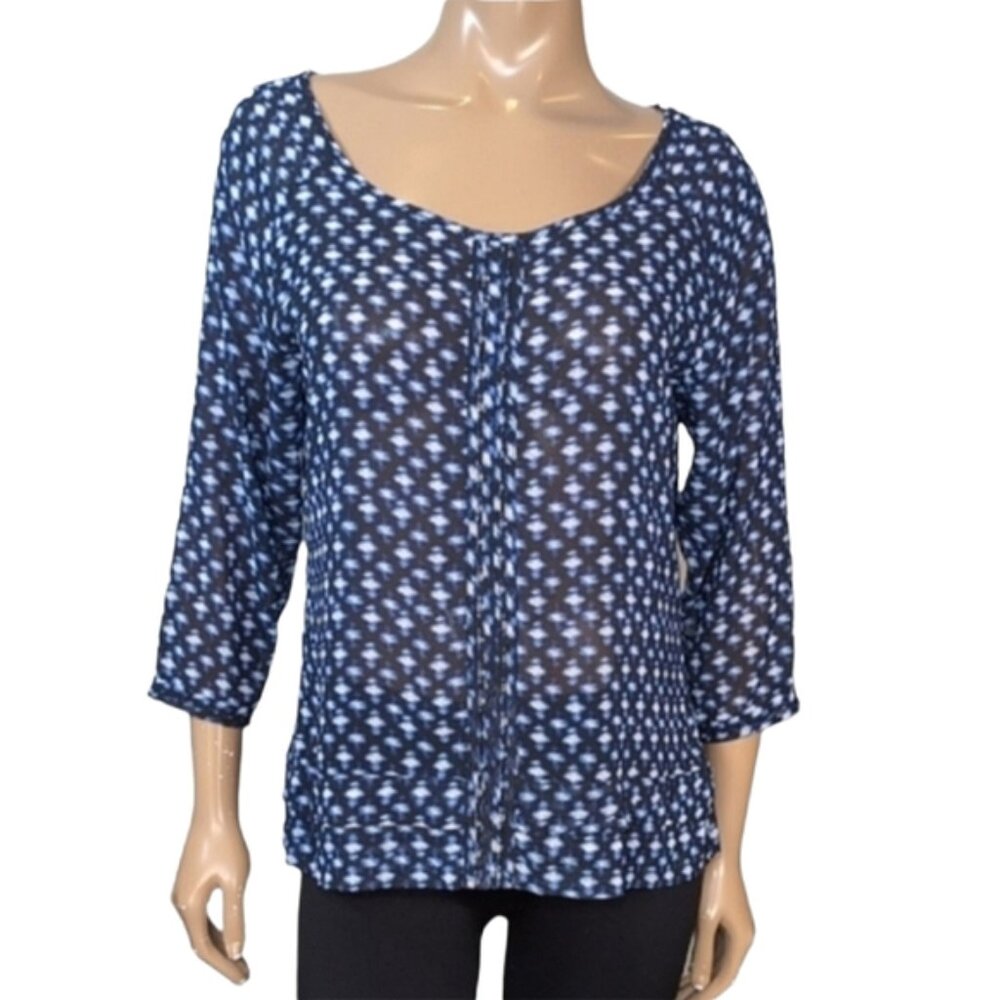 Reitmans Sheer Tunic Blouse Womens Medium Blue White Abstract Crop Sleeve Top